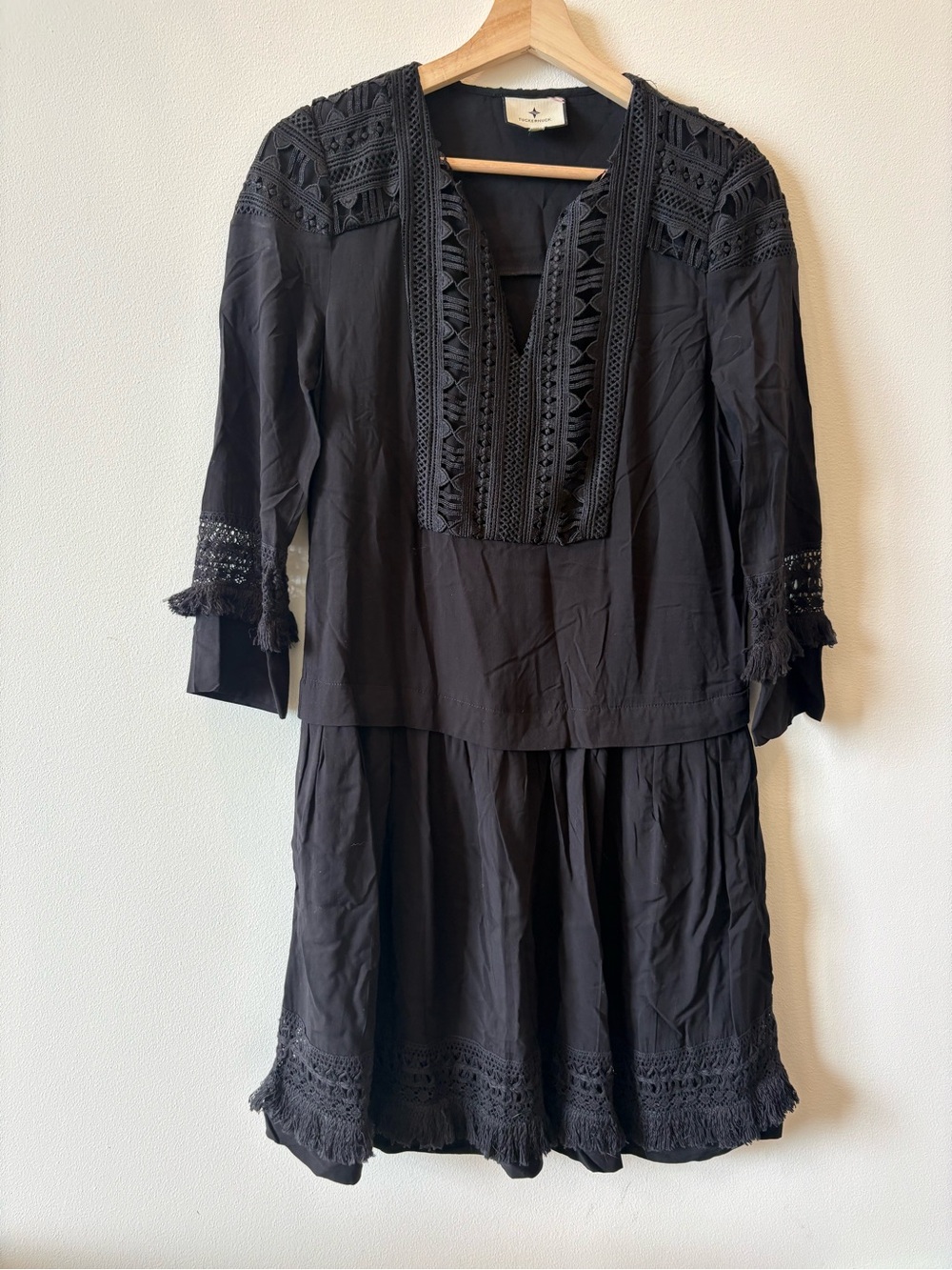 Tuckernuck Silk Black Embroidered V-Neck Dress